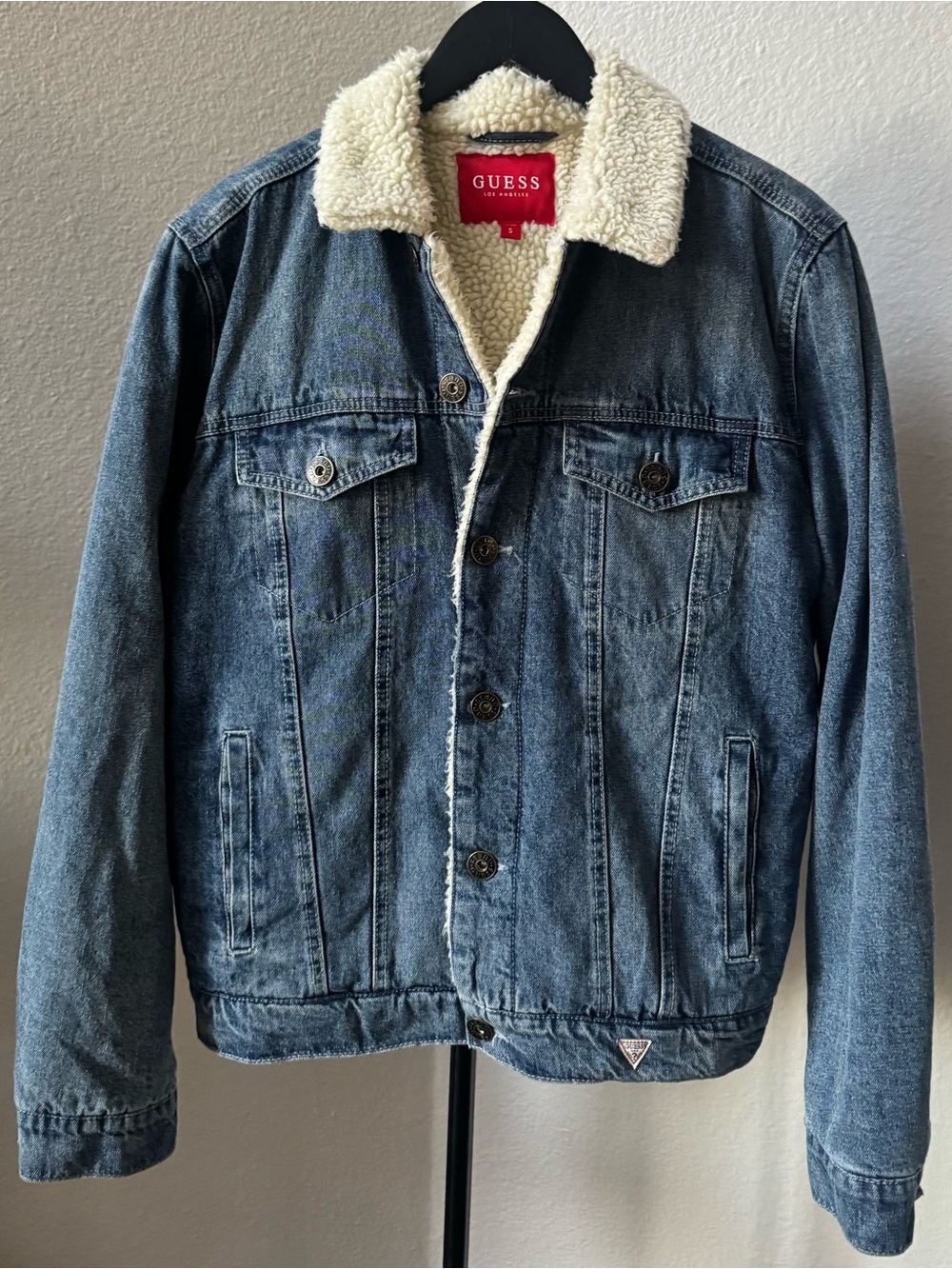 GUESS Blue Denim Sherpa-Lined Jacket with Cream Collar